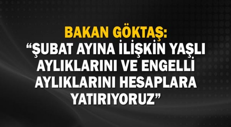 Bakan Göktaş: “Şubat ayına ilişkin 6,8 milyar lira tutarındaki yaşlı aylığı ve engelli aylıklarını hesaplara yatırıyoruz”